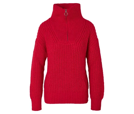 Roter Strickpullover mit Rollkragen und kurzem Reißverschluss.