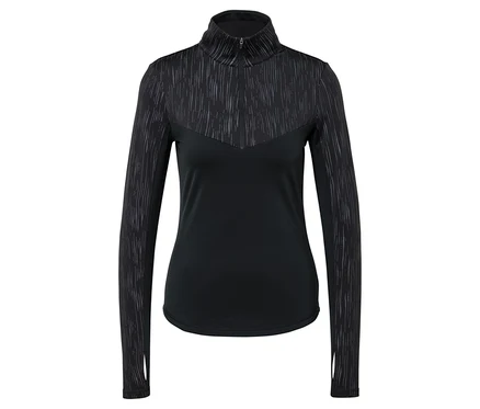 Schwarzes Langarmshirt mit strukturierten Details an Schultern und Oberteil.