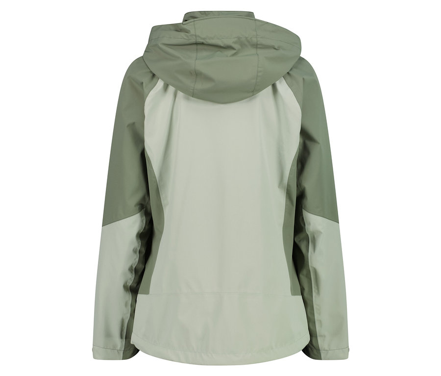 Rückansicht einer hellgrünen und grauen Jacke mit Kapuze.