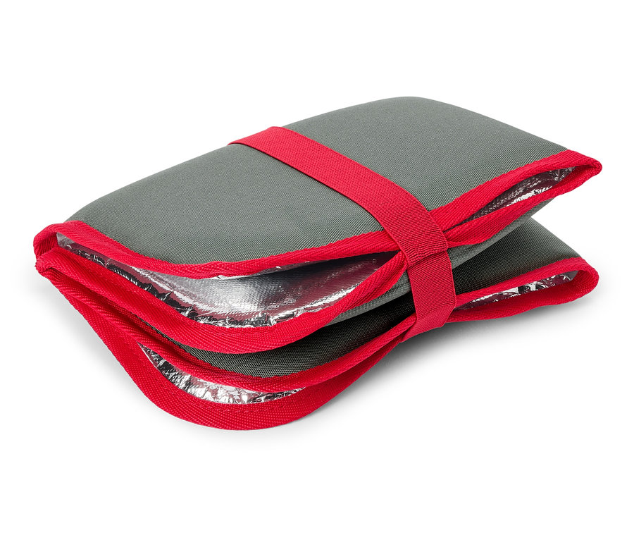 Graue Kühltasche mit rotem Rand und Gurt.