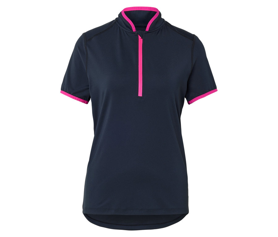 Dunkelblaues Sportoberteil mit kurzem Arm und pinkem Reißverschluss.