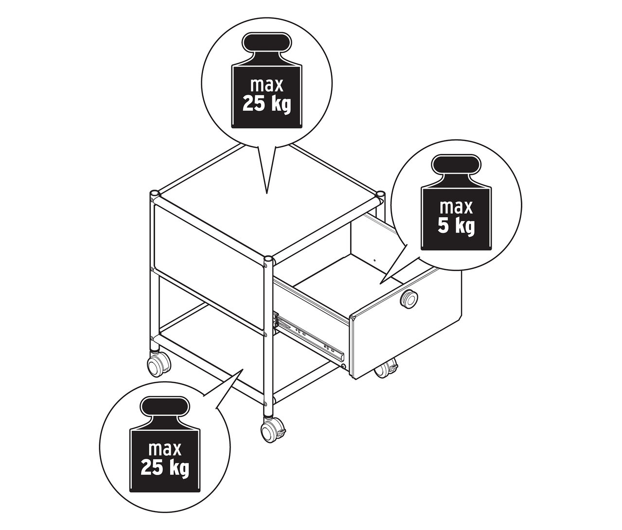 Draufsicht auf einen Beistelltisch »CN3« aus Metall mit Schublade, maximale Belastung oben und unten 25 kg, Schublade maximal 5 kg.