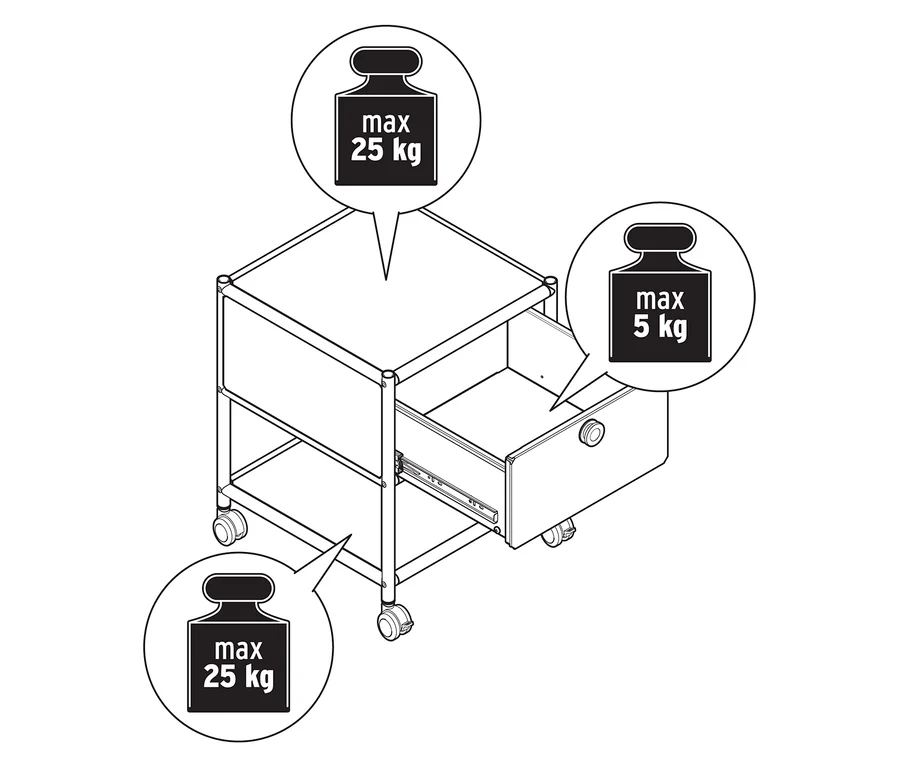 Draufsicht auf einen Beistelltisch »CN3« aus Metall mit Schublade, maximale Belastung oben und unten 25 kg, Schublade maximal 5 kg.