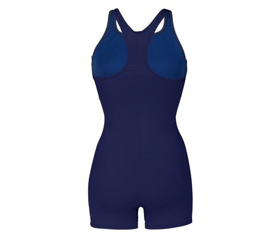 Rückansicht eines marineblauen Badeanzugs mit Racerback und kurzen Beinen.
