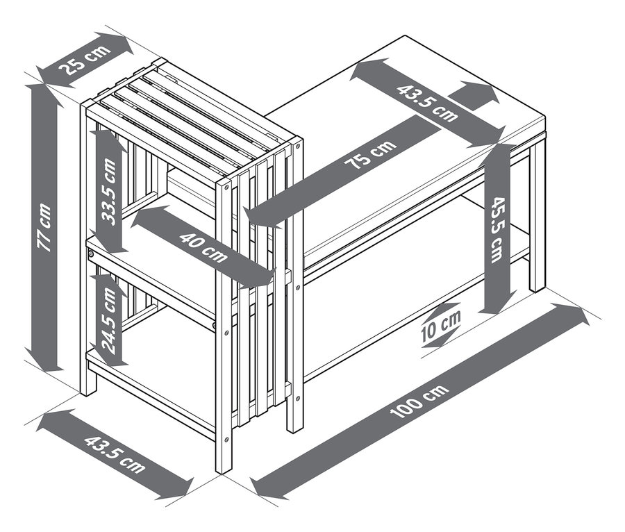 Detailreiche Schemazeichnung einer Sitzbank mit Schuhfach und Ablage in Lamellenoptik mit Maßangaben.
