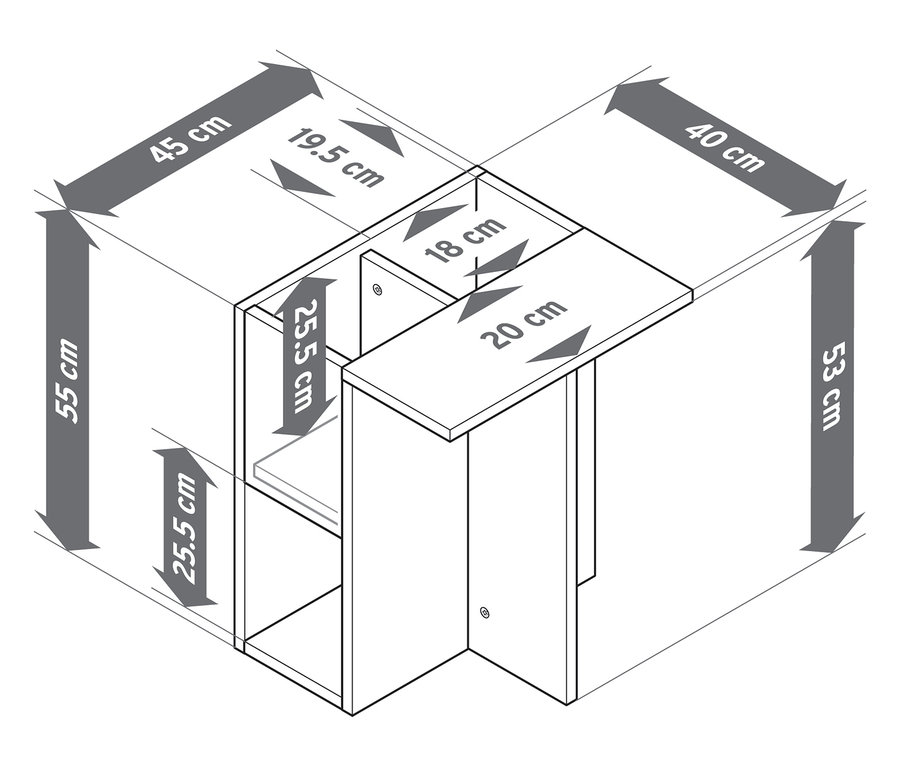 Draufsicht eines Beistelltisches in Holzoptik mit den Massen 55 x 45 x 40 cm.