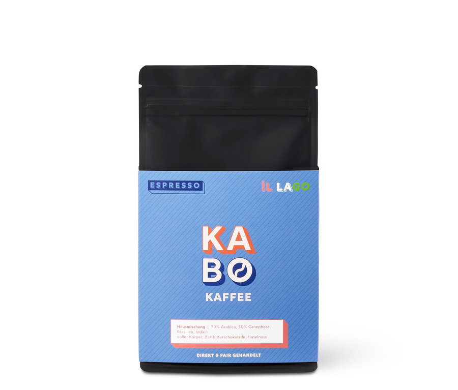 Eine blaue KABO - il Lago Espresso - 250 g Ganze Bohne Packung.