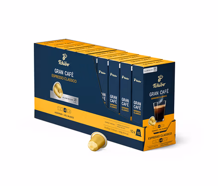 Eine Packung Tchibo Gran Café Espresso Classico - 100 Kapseln. Die Packung ist blau.