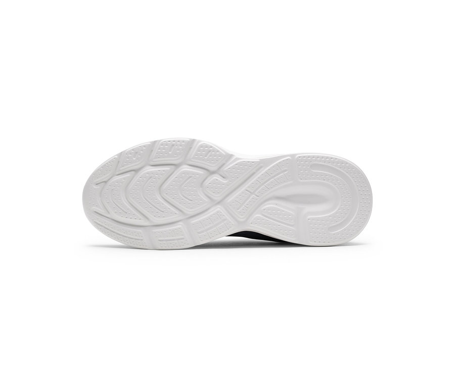Weiße Schuhsohle mit strukturiertem Profil, das geschwungene Linien und kleine rechteckige Formen aufweist.