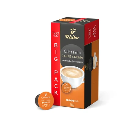 Eine Packung Cafissimo Caffè Crema vollmundig - 30 Kapseln steht im Bild.