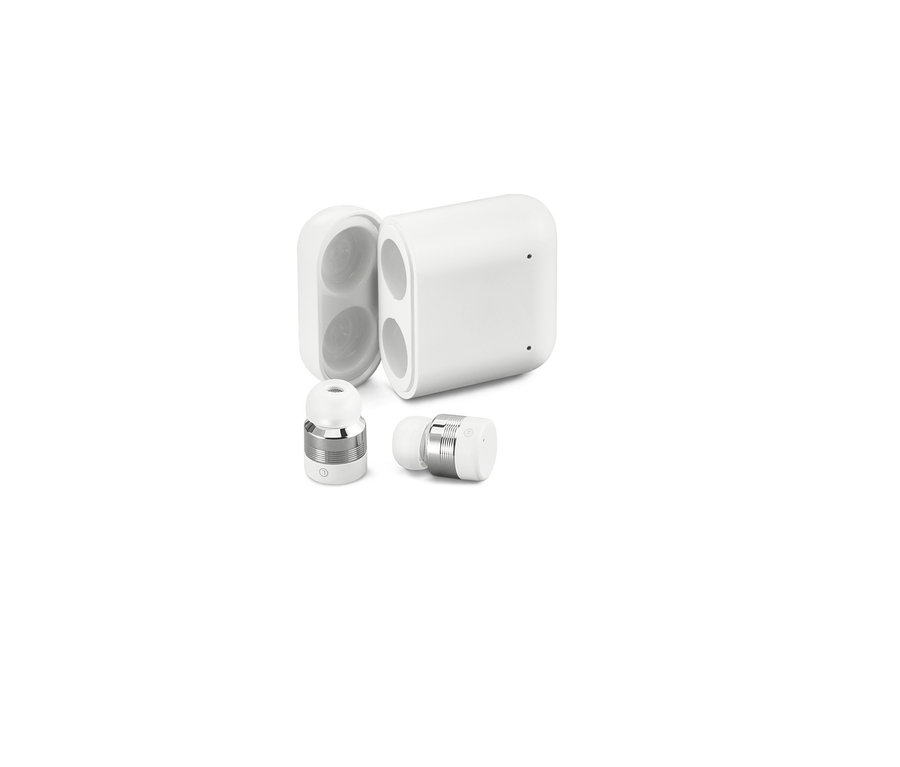Zwei kabellose In-Ear-Kopfhörer und ein offenes Ladecase.