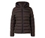 Eine gesteppte, braune Jacke mit Kapuze und einem Muster aus kleinen Rauten und Punkten ist mit einem Reißverschluss geschlossen.