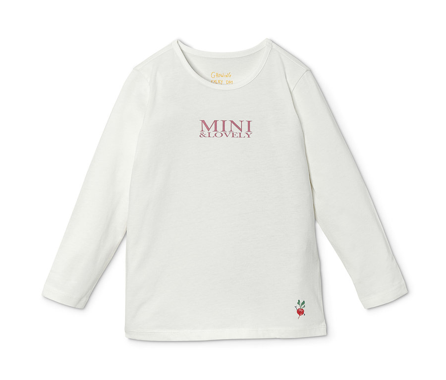 Weißes Langarmshirt mit dem Aufdruck MINI & LOVELY und einer Radieschen-Abbildung.