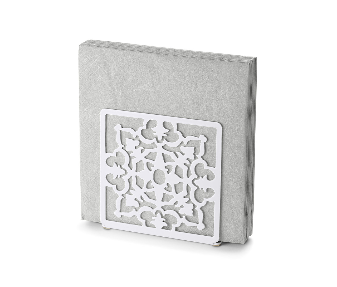 Serviettenhalter mit grauen Servietten.