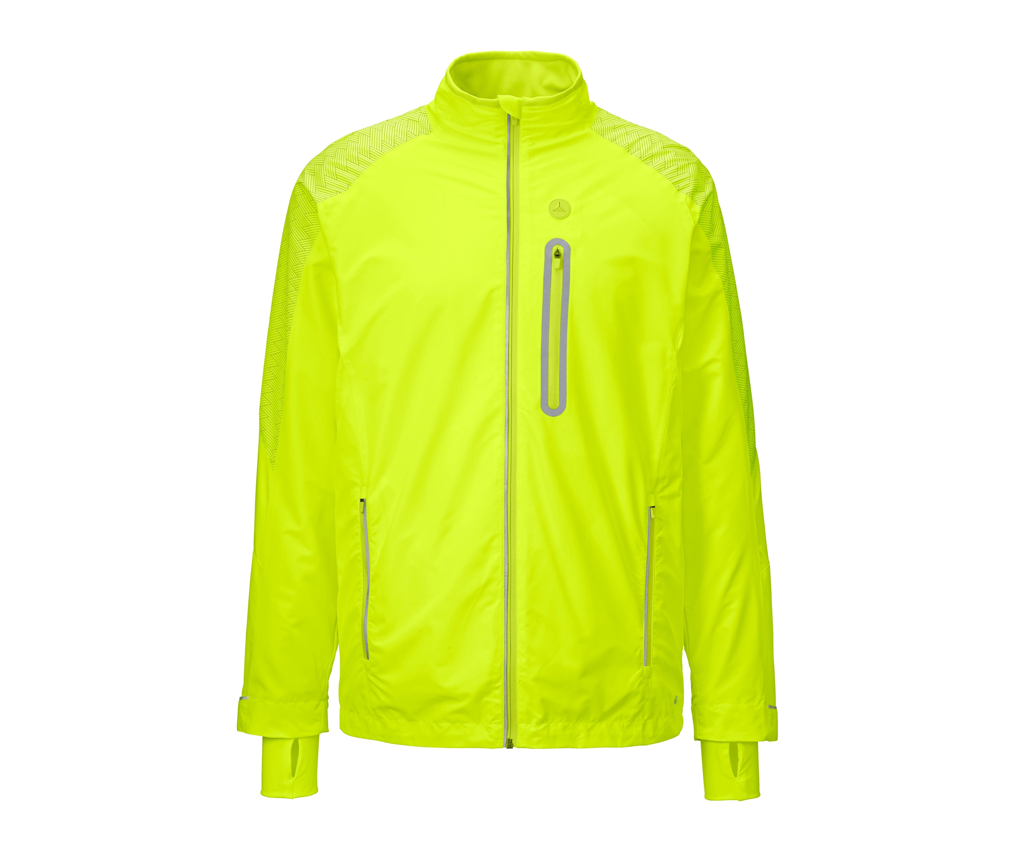 Gelbe Windprotection-Laufjacke mit Reißverschluss in der Mitte.