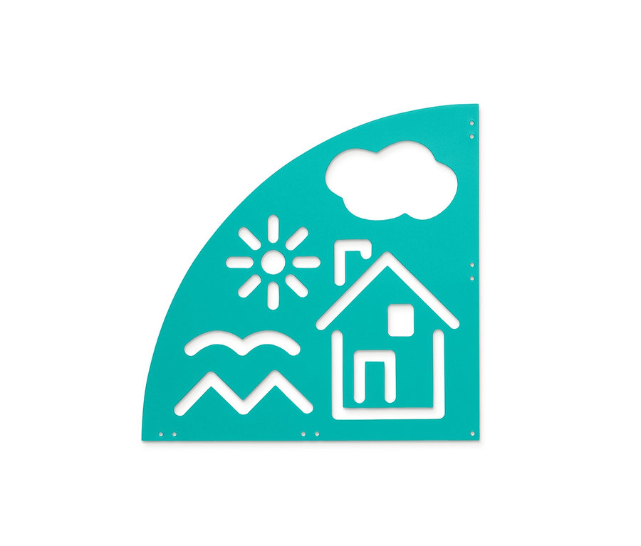 Türkisfarbene Straßenmalkreide-Schablone mit Haus-, Sonnen-, Wolken- und Wellenmotiven.