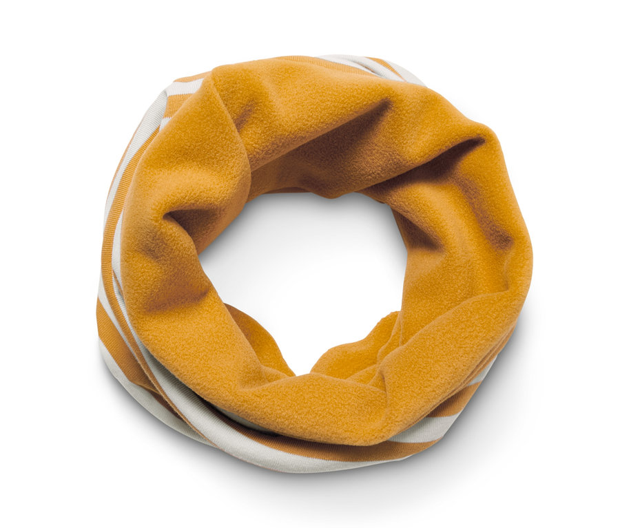 Gelbes Multifunktionstuch mit weißen Streifen.