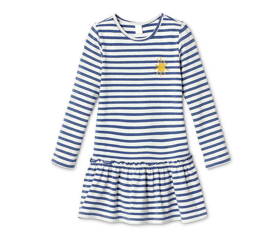 Blau-weiß gestreiftes Jerseykleid aus Bio-Baumwolle mit langen Ärmeln und gelber Sonne.