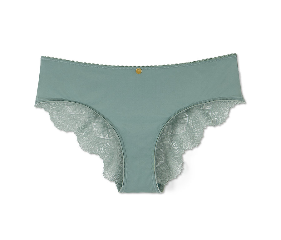 Salbeifarbene 2 Brazilslips mit Spitze.