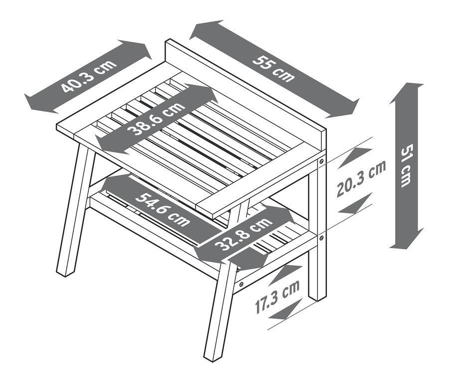 Abmessungen Hocker mit breiten Ablageflächen.