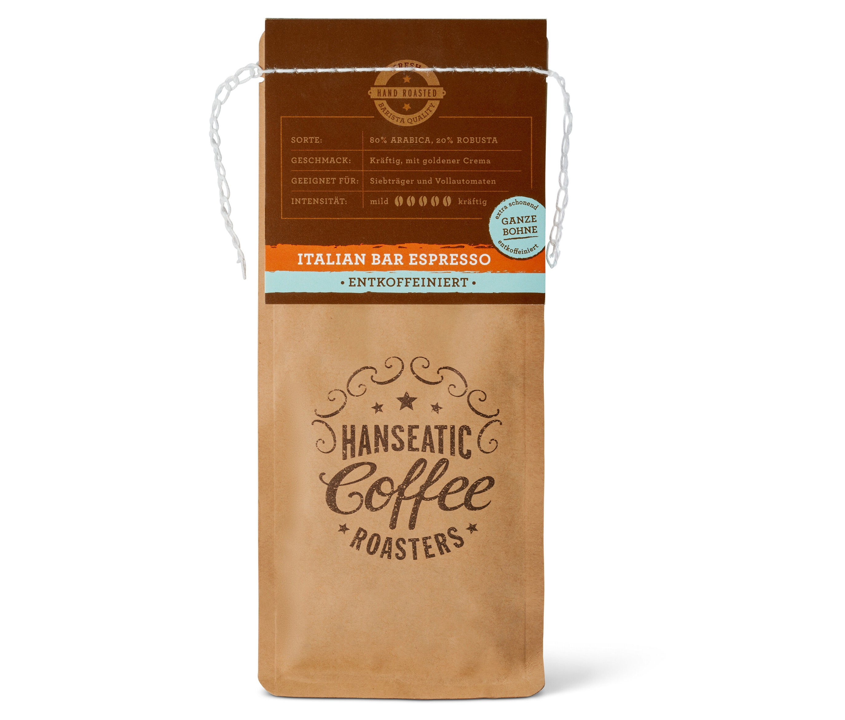 Eine Packung Hanseatic - Italian Bar Espresso, entkoffeiniert - 250 g Ganze Bohne.