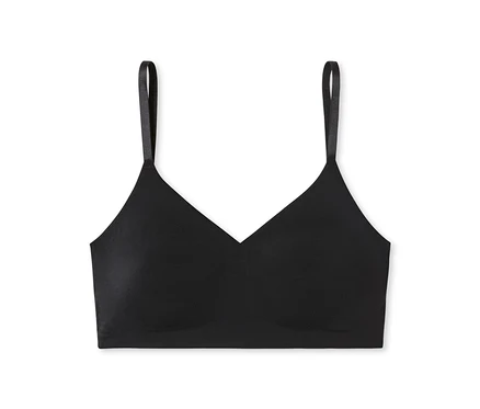 Schwarzes SCHIESSER Invisible Bustier mit Pads, dünnen Trägern und V-Ausschnitt, flach liegend auf weißem Hintergrund.