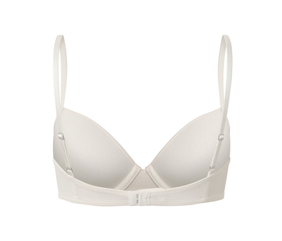 Detailansicht von hinten von 2 Schalen-BHs in Weiß, die verstellbaren Träger und den Verschluss zeigen.