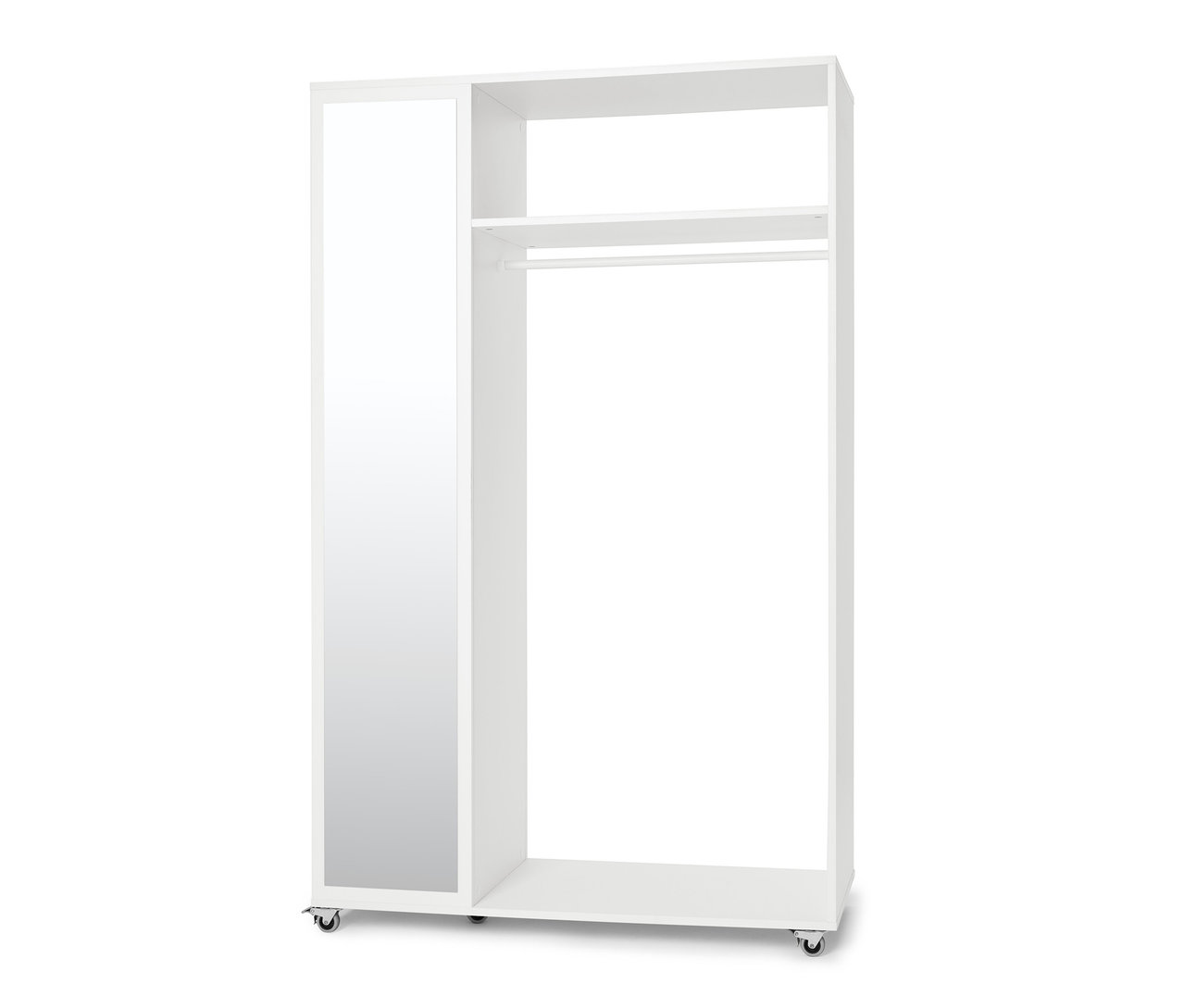 Eine mobile Spiegelschrank-Garderobe in Weiß auf Rollen.