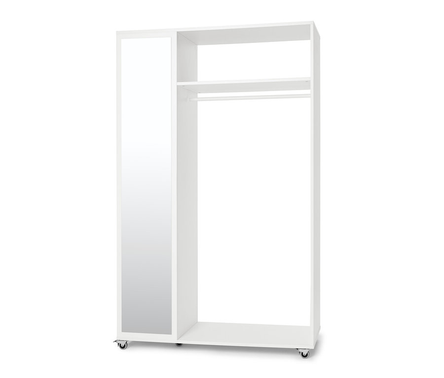 Eine mobile Spiegelschrank-Garderobe in Weiß auf Rollen.