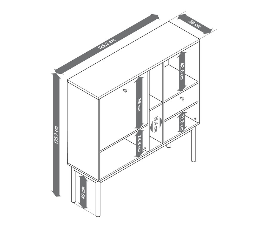 Eine schematische Darstellung des Sekretärs »Bekeson« mit den entsprechenden Abmessungen.