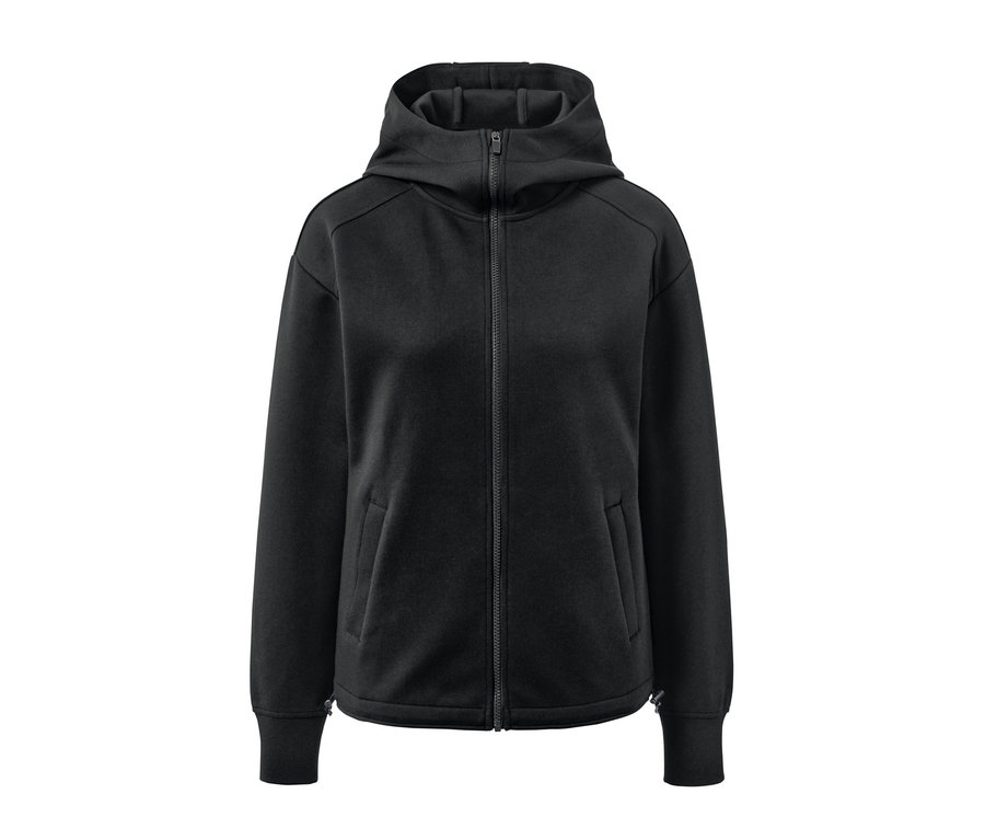 Schwarze Kapuzen-Sweatjacke mit Reißverschluss.