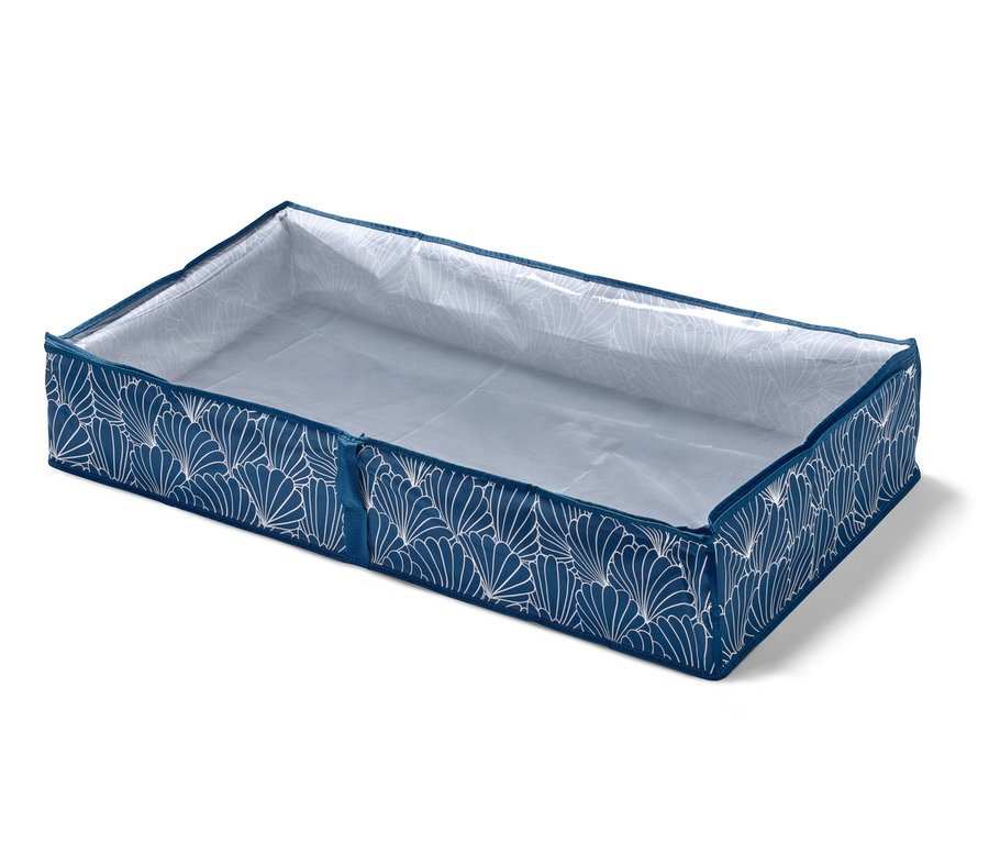 Eine blaue Unterbettkommode mit weißem Muster.