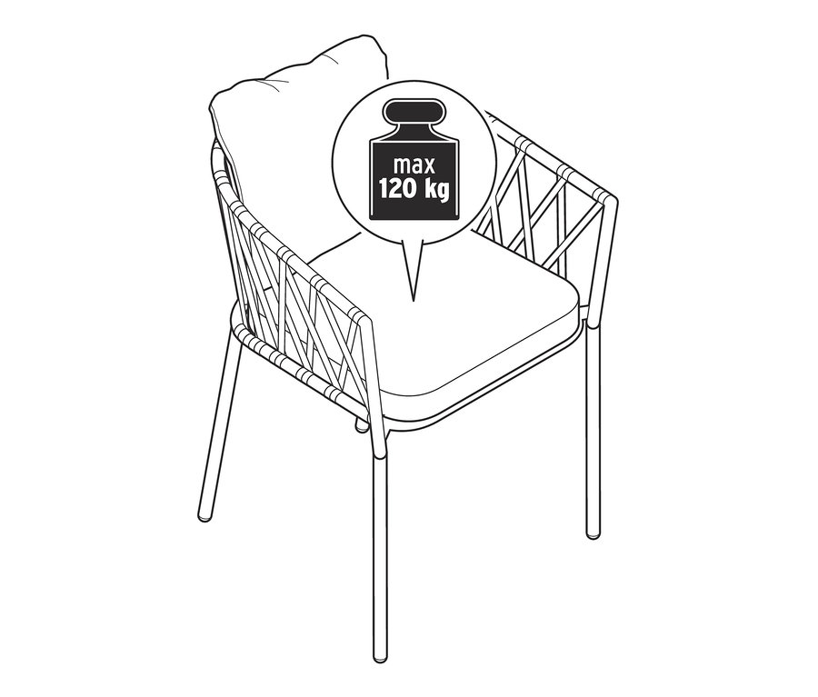 Illustration eines Dining-Sessels mit Textilgeflecht, maximale Belastbarkeit 120 kg.