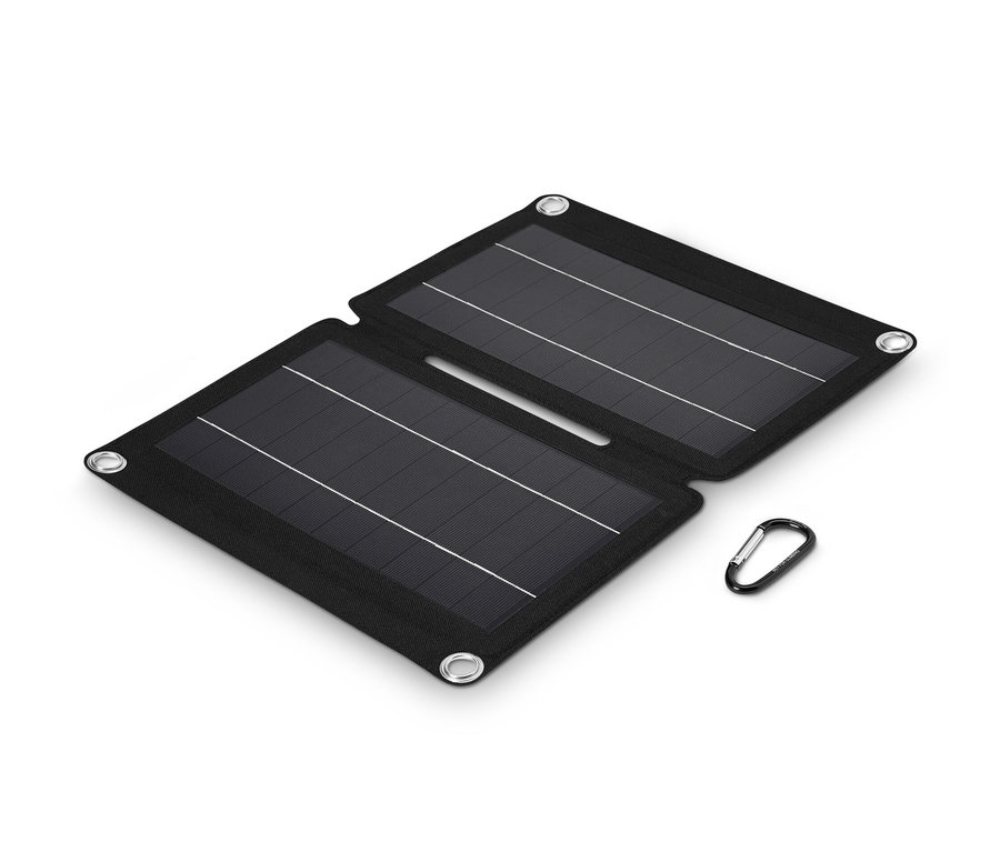 Aufgeklapptes faltbares Solar-Ladegerät, 10 W, mit Karabiner.