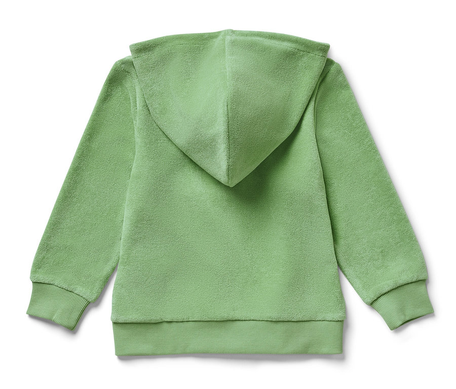 Rückansicht einer hellgrünen Kinder-Frottier-Jacke mit Kapuze.