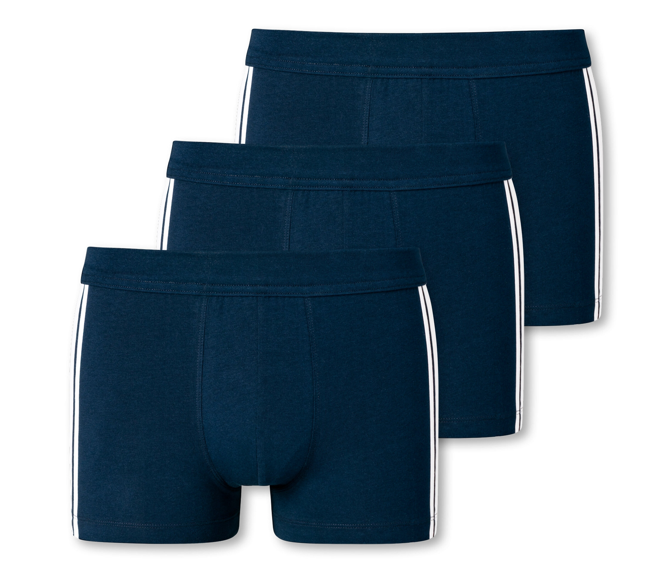 Drei dunkelblaue SCHIESSER Shorts mit weißen Streifen an der Seite.