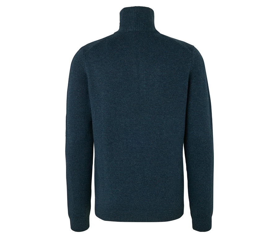 Dunkelblauer Rollkragenpullover von hinten.