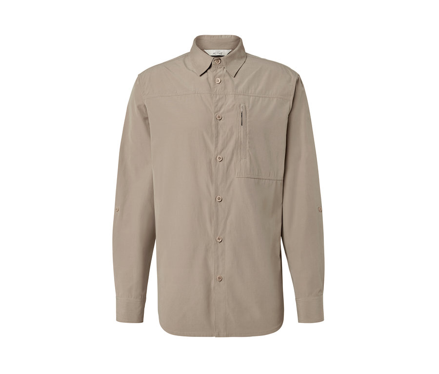 Beiges Outdoorhemd mit langen Ärmeln und Moskito-Schutz.