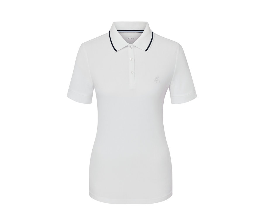 Weißes Funktionspoloshirt mit kurzen Ärmeln.