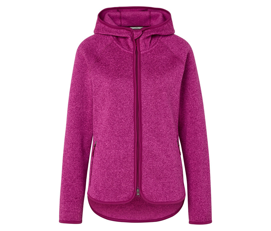 Eine pinke Fleecejacke mit Kapuze und Reißverschluss.