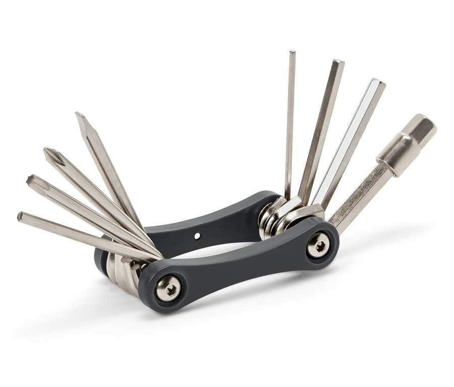 Graues Multifunktionswerkzeug mit verschiedenen silbernen Aufsätzen.
