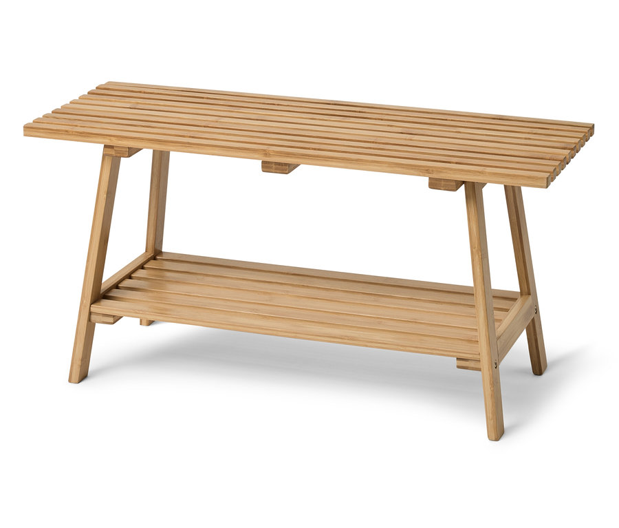 Bambusbank mit Lattenrostsitz und unterem Regal.