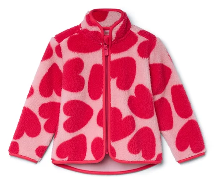 Rosa Fleecejacke mit Reißverschluss und roten Herzen.