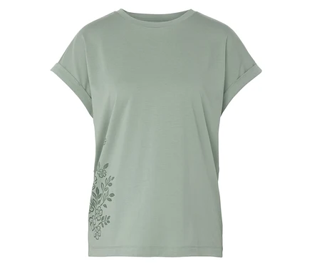 Ein hellgrünes T-Shirt mit Blumenmuster auf der linken Seite.