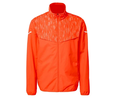 Orangefarbene Jacke mit Muster im oberen Bereich.