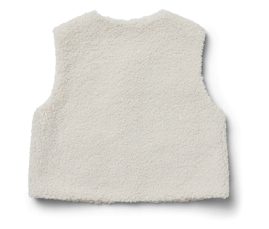 Eine ärmellose, weiße, flauschige Weste.