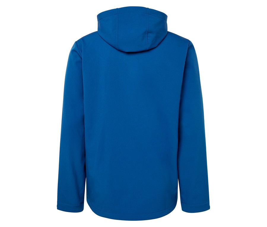 Rückansicht einer blauen Kapuzenjacke.