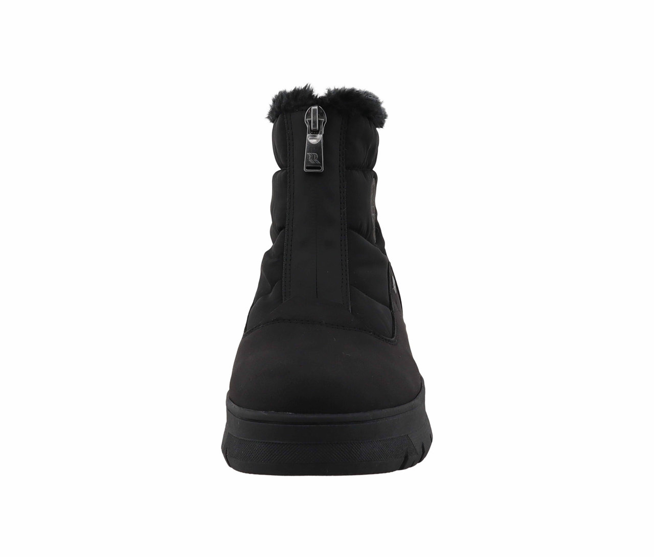 Schwarzer Stiefelette mit Reißverschluss und Fellbesatz.