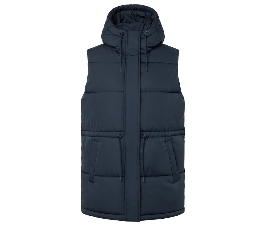 Marineblaue Stepp-Weste mit Kapuze.