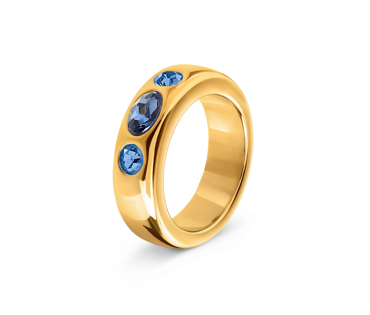Goldener Ring mit drei blauen Edelsteinen.